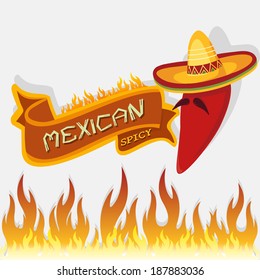 mexican chili cartoon wearing sombrero hat with fire