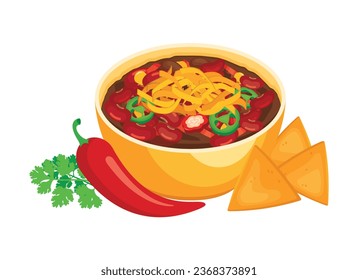 Mexican chili con carne bowl vector illustration. Traditional Mexican spicy dish with meat, kidney beans, cheese and nacho chips icon vector isolated on white background svg