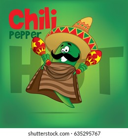 Mexican Chili Green Hot Pepper Vector Character Illustration