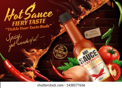 Mexican chili hot sauce ads with fire brick wall background in 3d illustration