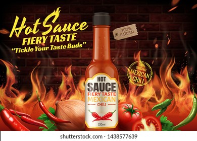 Mexican Chili Hot Sauce Ads With Fire Background In 3d Illustration