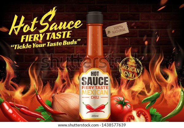 Mexican chili hot sauce ads with fire\
background in 3d\
illustration