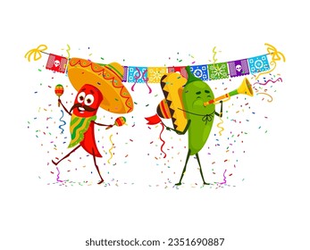 Mexican chili and jalapeno pepper characters on holiday party. Children holiday, birthday party cartoon vector personages of hot Mexican peppers mariachi musicians playing on maracas and horn