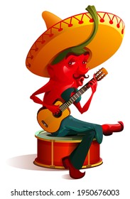 Mexican chili pepper character sombrero plays guitar. Cinco de mayo holiday. Isolated on white vector cartoon illustration