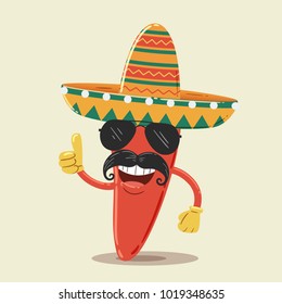 Mexican Chili Pepper Character with Sunglasses and Sombrero