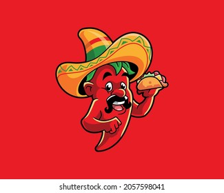 Mexican Chilli Character Holding Tacos Vector Illustration