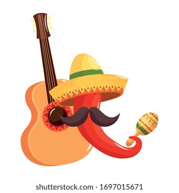 Mexican chilli with hat mustache guitar and maraca design, Mexico culture tourism landmark latin and party theme Vector illustration