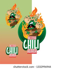 Mexican chilli pepper characters with sombrero hat playing Guitar mascot illustration 