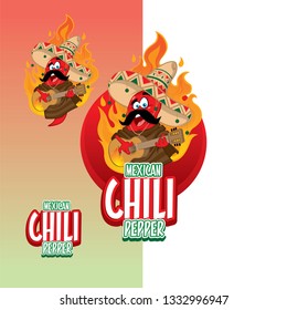 Mexican chilli pepper characters with sombrero hat playing Guitar mascot illustration 