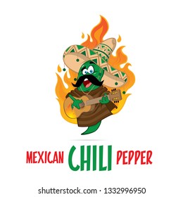 Mexican chilli pepper characters with sombrero hat playing Guitar mascot illustration 