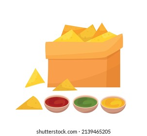 chips mexicanos y diferentes salsas. Ilustración de dibujos animados.