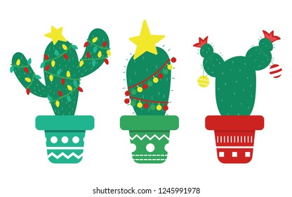 Mexican Christmas cactus with decorations, garland and stars. Plants in pots. Flat style vector illustration.