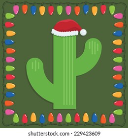 Mexican Christmas Decoration With Cactus And Frame Of Lights