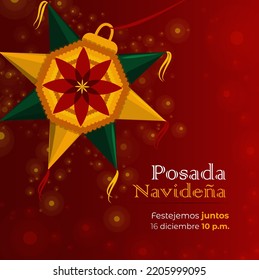 Mexican Christmas posada invitation card. Piñata with 7 points with poinsettia in the center and event details. In text, -Christmas Posada. Let's celebrate together. - and date of the event.