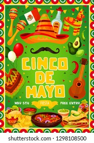 Mexican Cinco de Mayo or 5th May traditional Mexico holiday party celebration. Vector Mexican flag frame, fiesta pinata, quesadilla and nachos food, avocado and Cinco de Mayo sombrero on mustache