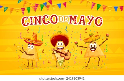 Mexican cinco de mayo banner. Nachos chips musician characters. Vector tex mex snack mariachi cartoon characters in sombrero playing guitar, trumpet and maracas. Food personages celebrate party event