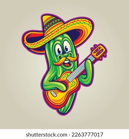 Mexican cinco de mayo cactus playing guitar illustrations vector illustrations for your work logo, merchandise t-shirt, stickers and label designs, poster, greeting cards advertising business company 