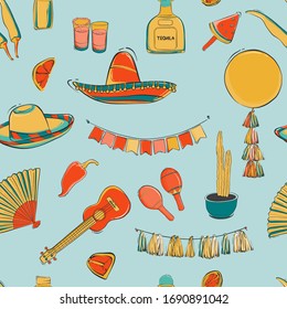 Mexican cinco de mayo carnival seamless pattern design. Fiesta holiday .musical instruments, local food, decoration, tequila, cactus, maracas. Set for poster, banner, flyer, advertising. Vector