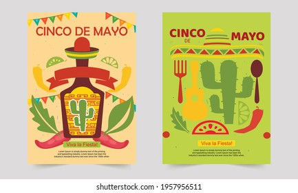 Mexican Cinco de mayo carnival seamless pattern design template. Set for poster, flyer, banner, advertising. Vector. Fiesta holiday musical instruments, cactus, maracas, local food, decoration.