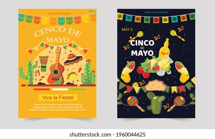 Mexican Cinco de mayo carnival seamless pattern design template. Set for poster, flyer, banner, advertising. Vector. Fiesta holiday musical instruments, cactus, maracas, local food, decoration.