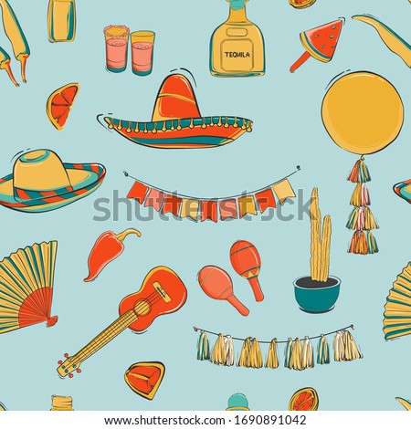 Mexican cinco de mayo carnival seamless pattern design. Fiesta holiday .musical instruments, local food, decoration, tequila, cactus, maracas. Set for poster, banner, flyer, advertising. Vector