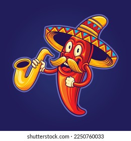 México cinco de mayo bigote de pimienta chile tocando el logotipo de trompeta ilustraciones vectoriales para tu trabajo logo, camiseta de mercadería, pegatinas y diseños de etiquetas, afiche, tarjetas de saludo adv