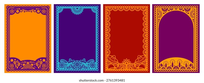 Mexican Cinco de Mayo, Day of the Dead holiday party frames, paper cut fiesta flyer, papel picado Hispanic border template. Vector frames with maracas, sombreros, flowers, and candles for invitation