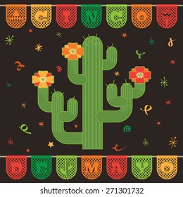 mexican cinco de mayo decoration with bunting and cactus