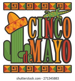 mexican cinco de mayo decoration with lettering and objects, isolated on white