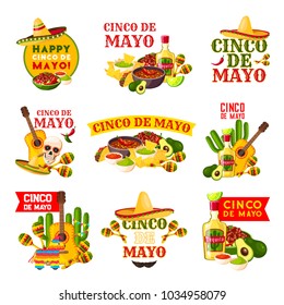 Mexican Cinco de Mayo fiesta party badge. Sombrero hat, maracas and chili pepper or jalapeno, tequila margarita, cactus and guitar, avocado guacamole, nachos and taco icon for mexican holiday design