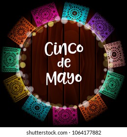 Mexican Cinco de Mayo greeting card, invitation. Party decoration, wreath of lights, handmade cut paper flags. Old wooden background. Vector illustration.