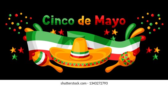 Mexican Cinco de Mayo greeting card. National holiday background.