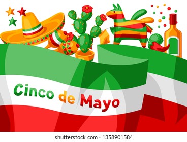 Mexican Cinco de Mayo greeting card. National holiday items.