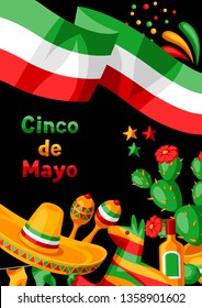 Mexican Cinco de Mayo greeting card. National holiday items.