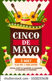 Mexican Cinco de Mayo holiday fiesta party banner template. Sombrero hat, maracas and tequila bottle, flamenco guitar and cactus invitation card design with flag of Mexico on background