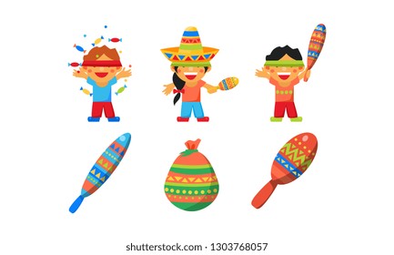 Mexican Cinco De Mayo holiday elements set, children celebrating a traditional Pinata vector Illustration