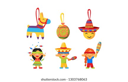 Mexican Cinco De Mayo holiday elements set, children celebrating by breaking a traditional Pinata vector Illustration