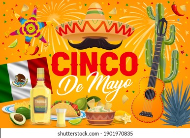 Mexican Cinco de Mayo holiday fiesta party. Vector sombrero hat, mariachi guitar and mustache, cactuses, red chilli peppers, pinata and tequila, Mexico flag, taco and nachos, agave and fireworks