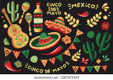 Mexican Cinco De Mayo Holiday Traditional Symbols Vector Collection of Sombrero Hat, Guitar and Maracas