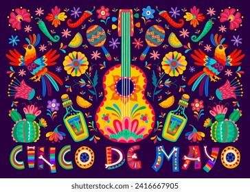 Cartel de la Fiesta del Cinco de mayo en México. Antecedentes coloridos con guitarra vectorial de dibujos animados, sombrero sombrero sombrero mexicano, maracas, tequila y flores tropicales. Tarjeta de saludo para la celebración tradicional de México