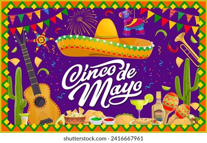 Cartel o volante mexicano de las fiestas del Cinco de Mayo con sombrero, guitarra, cocina nacional y pinata, fondo vectorial. 5 de mayo de vacaciones, fiesta de México comida, tequila, aguacate con guitarra o maracas