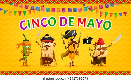 Mexican cinco de mayo holiday banner with Tex Mex cuisine pirate and corsair characters. Cinco de Mayo holiday vector flyer with jalapeno pepper, tamale and churro, quesadilla pirates cute personages