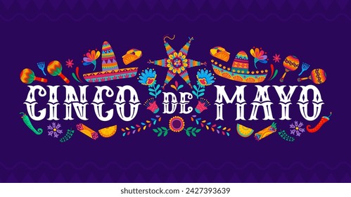 Mexican Cinco de Mayo holiday banner with tropical flowers, pinata, sombrero and national cuisine, vector background. Mexican Cinco de Mayo celebration fiesta with sombrero, maracas, burrito and tacos