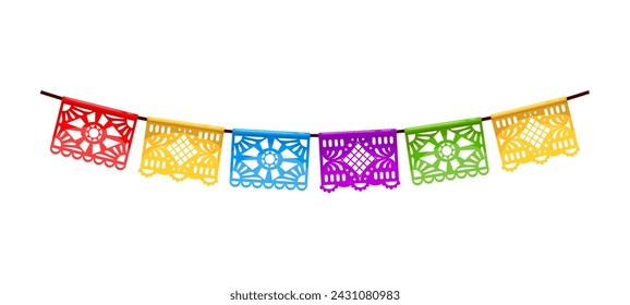 Mexican Cinco de mayo holiday pennants. Isolated cartoon vector hanging papel picado flag garland, vibrant party decorations, symbolizing joy and cultural pride for celebration of Hispanic heritage