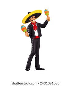 Mexican Cinco de mayo holiday Mariachi musician character. Vector charro personage in traditional attire plays maracas infusing lively rhythm and spirited energy into enchanting melodies of folk music