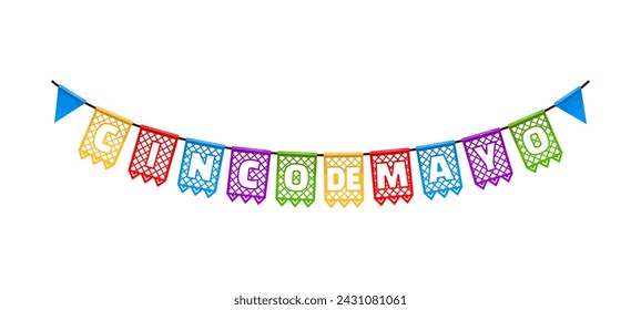 Mexican cinco de mayo holiday pennants. Isolated cartoon vector hanging papel picado flag garland, vibrant party decorations for celebration Hispanic heritage, symbolizing joy and cultural pride