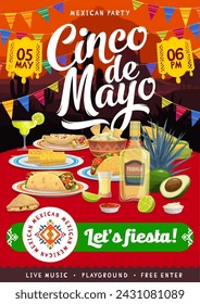 Mexican cinco de mayo holiday party flyer with tex mex food on festive table with traditional decor around. Tortilla, guacamole and nachos with corn or maize, burrito, tequila and lime, agave, avocado