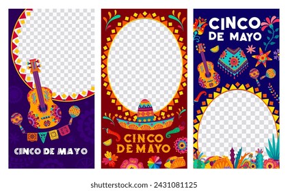 Mexikanische Cinco de Mayo Urlaub Social Media Vorlage Banner. Runde Vektor-Rahmen mit mexikanischer Gitarre, Sombrero, Maracas und tropischen Blumen, Papel Picado Papier geschnitten Fahnen, Kaktus und Chili Web Posts