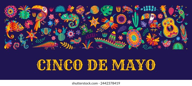 Mexikanisches Cinco de Mayo Feiertagsparty-Banner mit Cartoon-Vektor-Feiertagsgegenstände zur Feier im alebrije-Stil. Gitarre, Sombrero, Maracas, Kolibri, Pinata, Schildkröte, Kakteen Blumen und Chamäleon