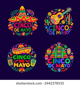 Mexican Cinco de Mayo holiday labels of vector sombrero, guitar and aztec pyramid. Cartoon Mexico maracas, tequila, tropical flowers and cactus ethnic pattern round tags for fiesta party or carnival